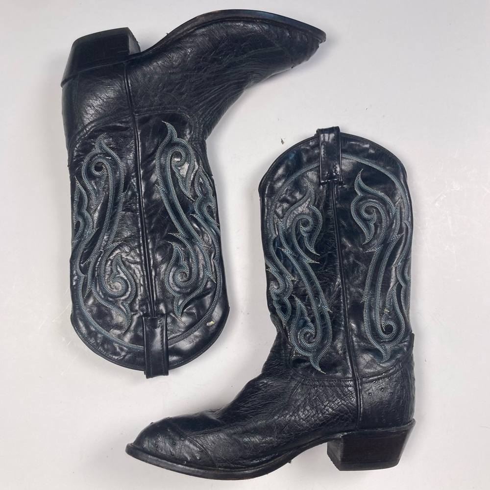 TONY LAMA Vintage Black Smooth Ostrich Leather with Blue and Black Embroidery